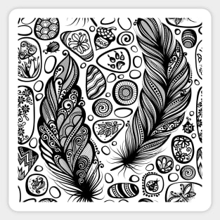 Monochrome Seamless Pattern with Sea Pebbles and Feathers Sticker
